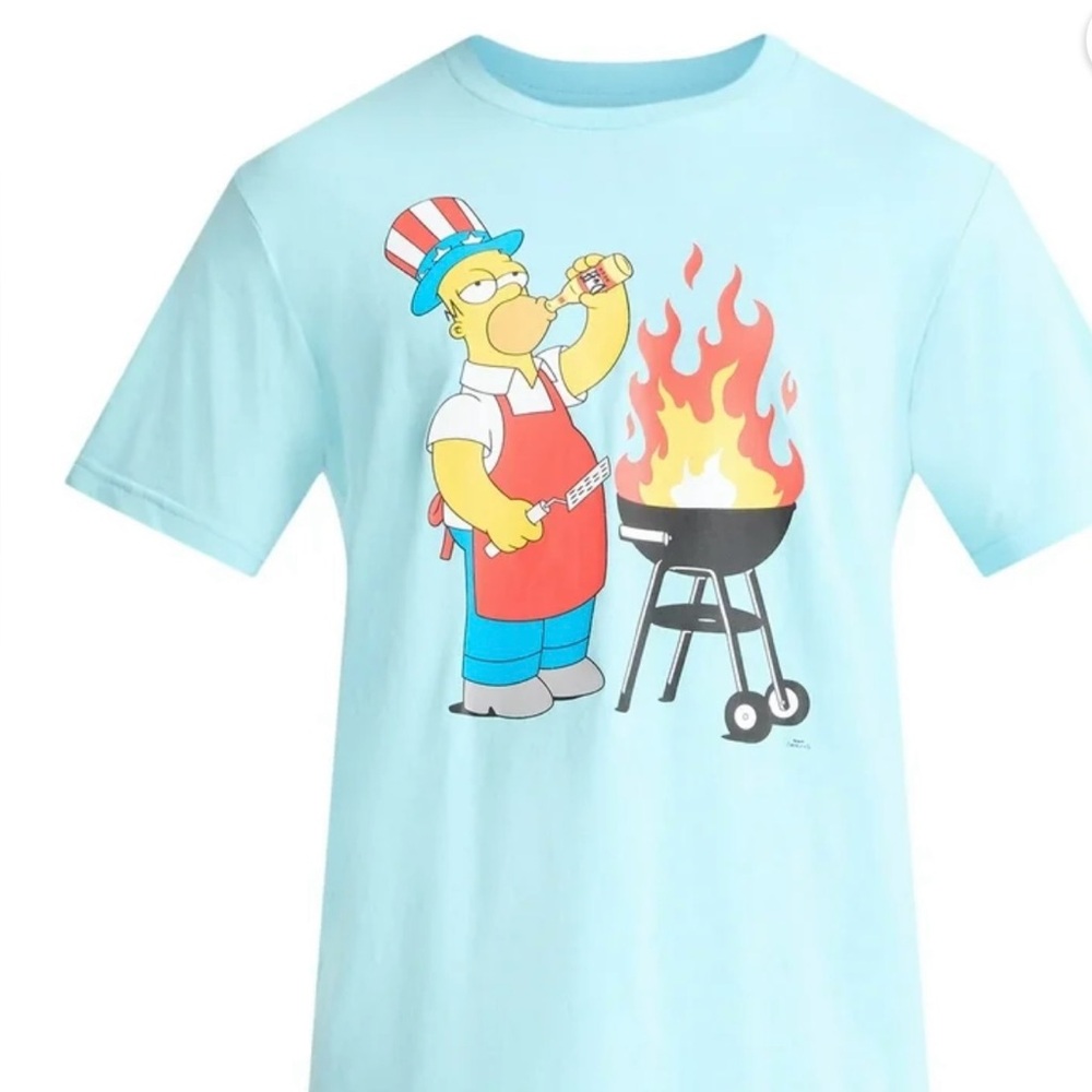 Light Blue Homer Simpson’s Men's BBQ Patriotic Graphic Tee Shirt NWT